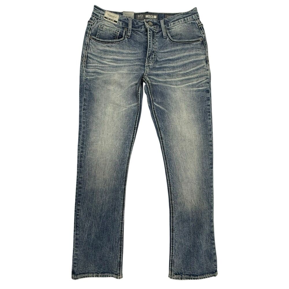 NEW BKE Buckle Jake Straight Leg Jeans Men 28 Short Acid Washed Blue Stretch